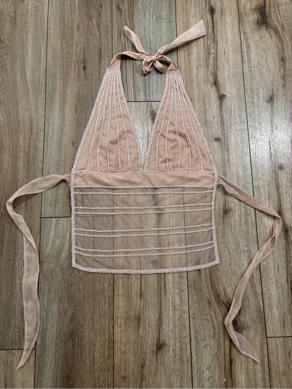 Vintage Y2K Nude Beaded Halter Top by Crown of Hearts